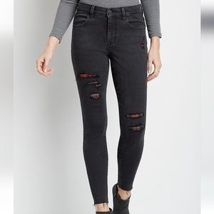 Maurices Black plaid backed destructed high rise jeggings